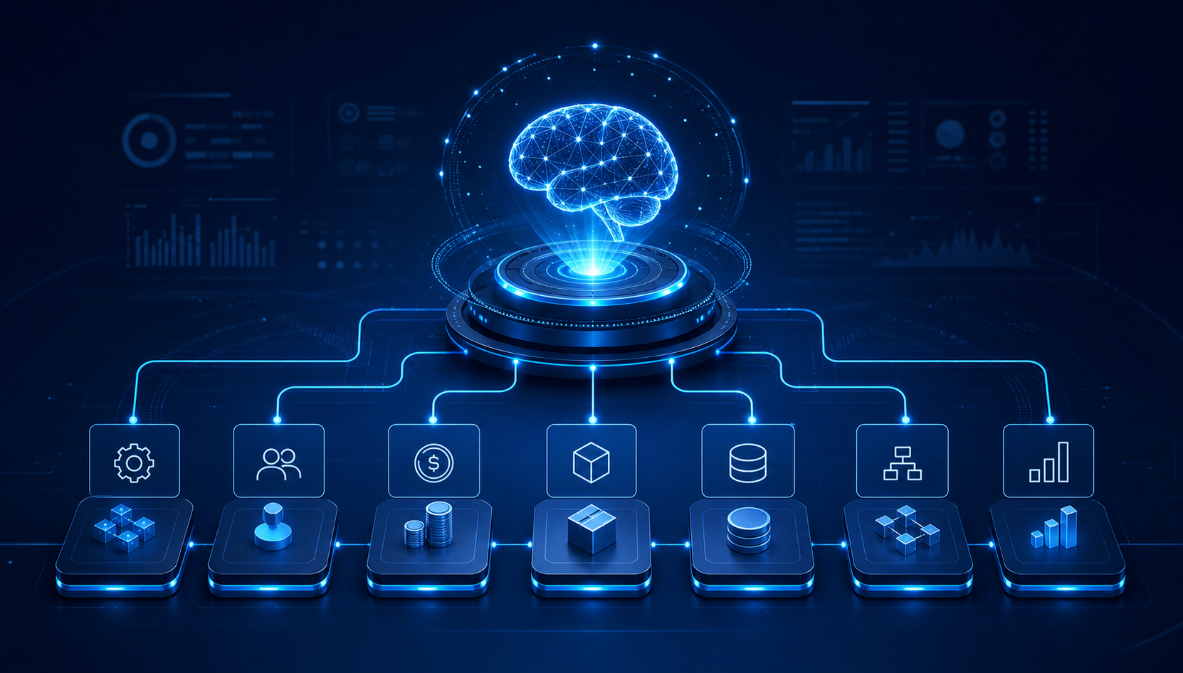 AI layer above connected business systems including ERP, CRM, finance, operations, customer data, workflow automation, and dashboards